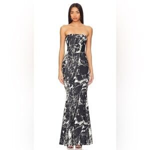 Norma Kamali Strapless Fishtail Gown in Black and White Marble Print, sz M